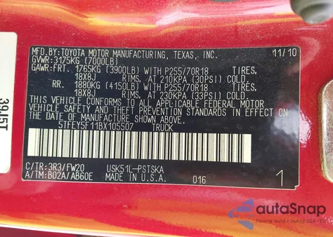 2011 Toyota Tundra Grade 5.7L V8 from USA, damaged, VIN 5TFEY5F11BX105507